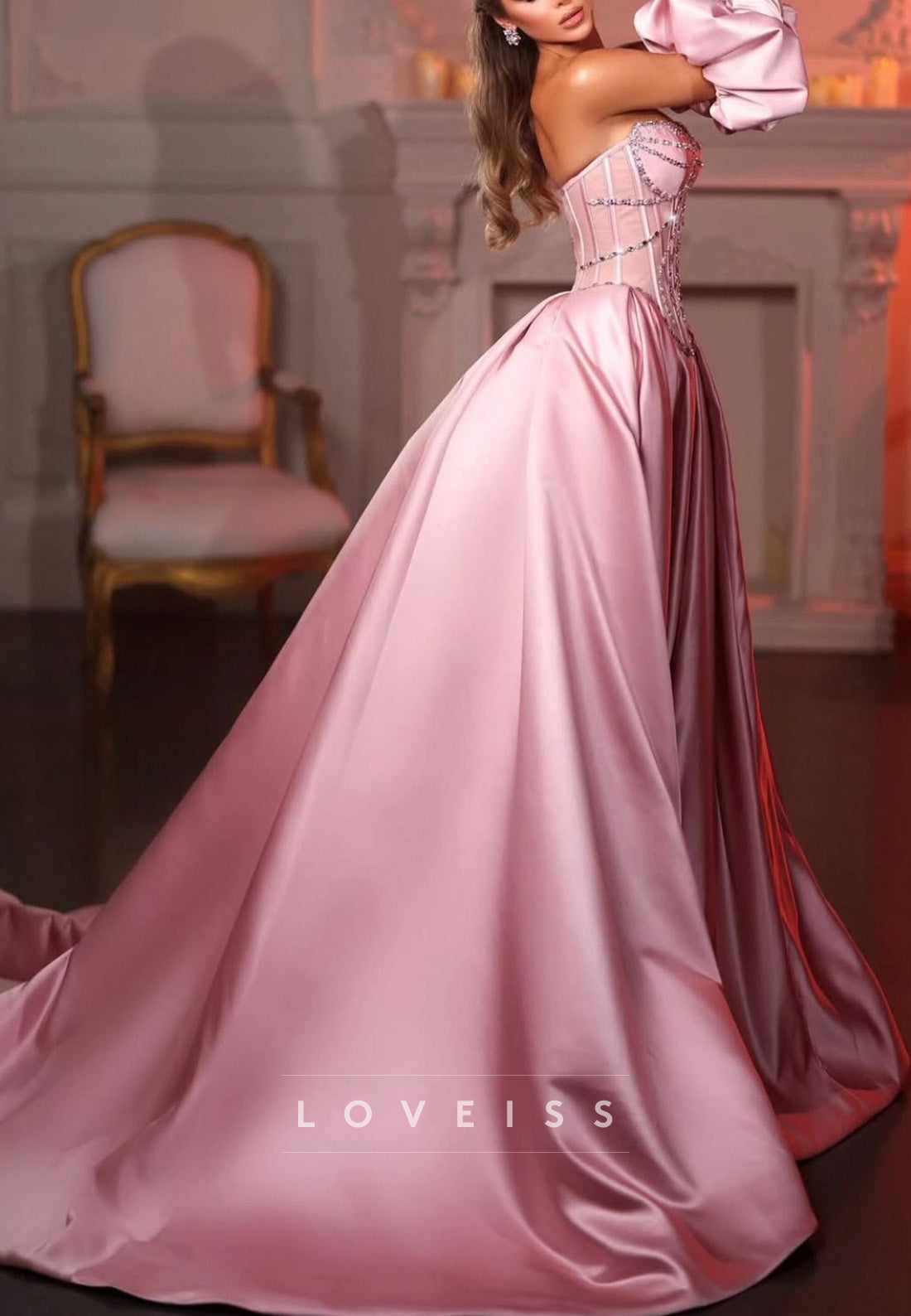 Sweetheart Long Sleeeves Beaded Pleated A-Line Prom Dress