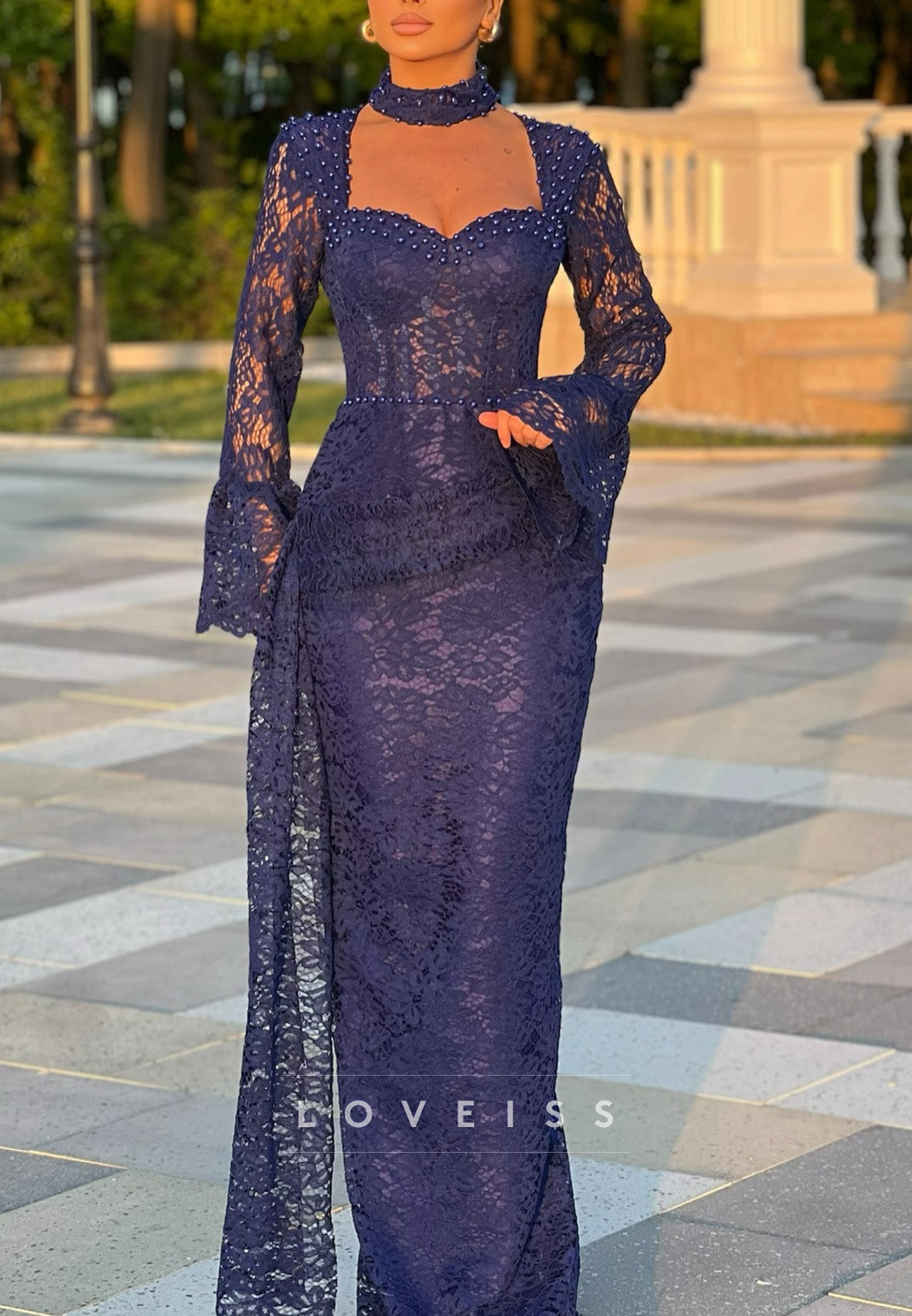 Sweetheart Long Sleeves Appliques Pearl Sheath Prom Dress