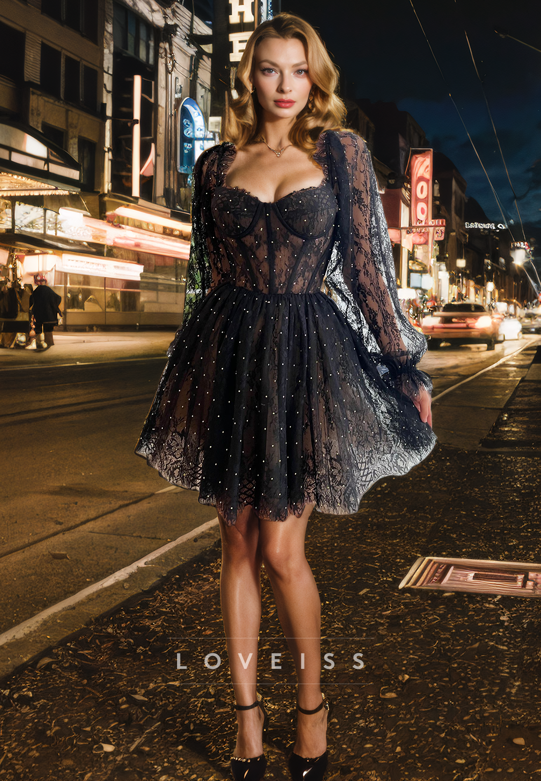 Sweetheart Long Sleeves Appliques Sheer Pleated A-Line Short homecoming Dress