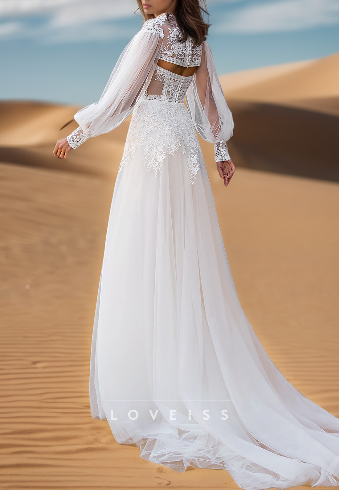 Sweetheart Long Sleeves Appliques Side Slit A-Line Beach Wedding Dress