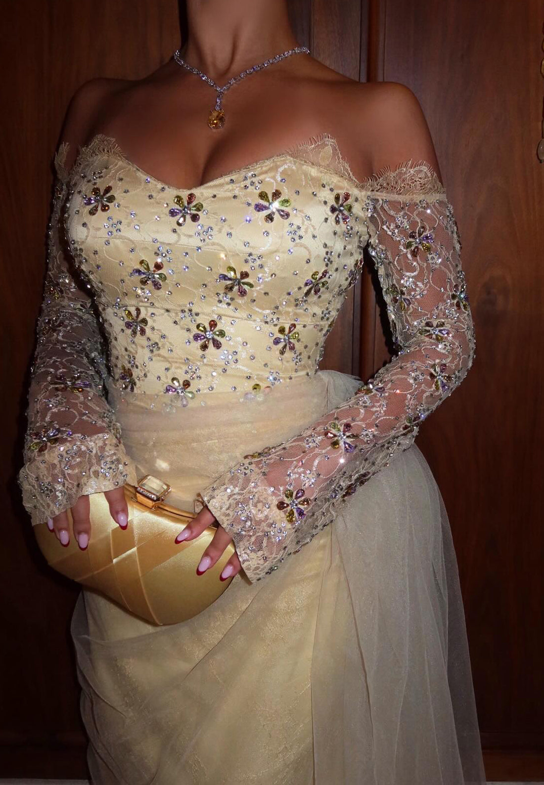 Sweetheart Long Sleeves Beaded Appliques Mermaid Prom Dress