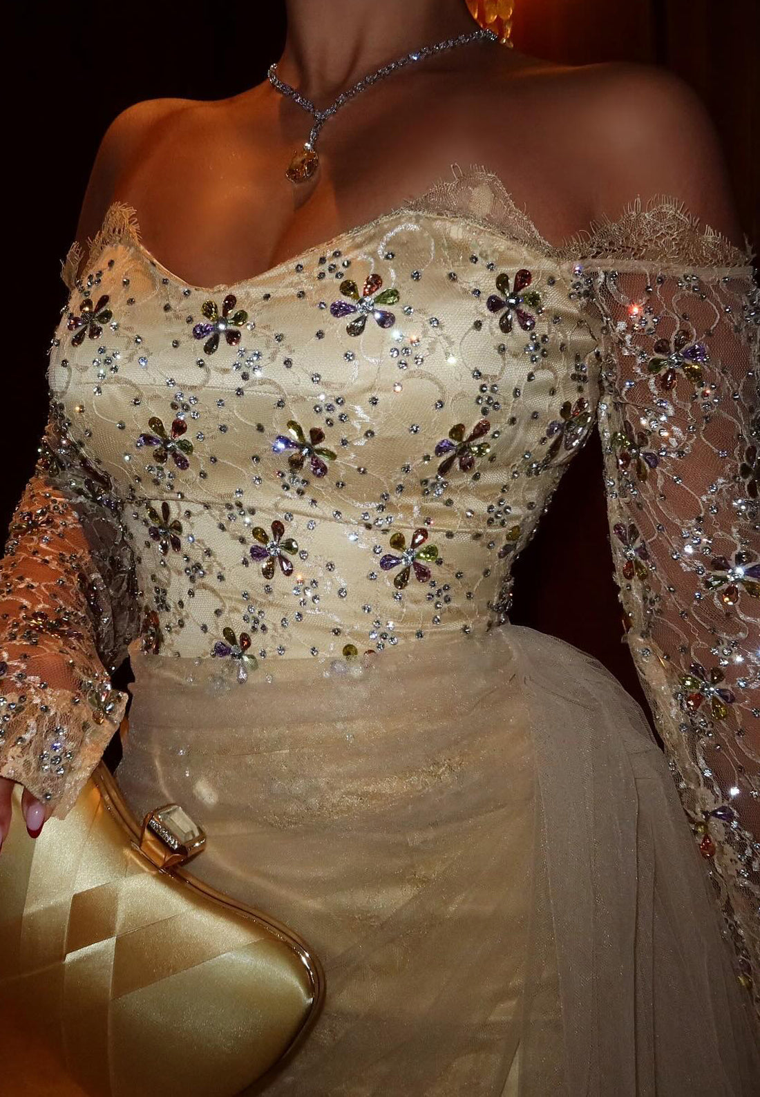 Sweetheart Long Sleeves Beaded Appliques Mermaid Prom Dress