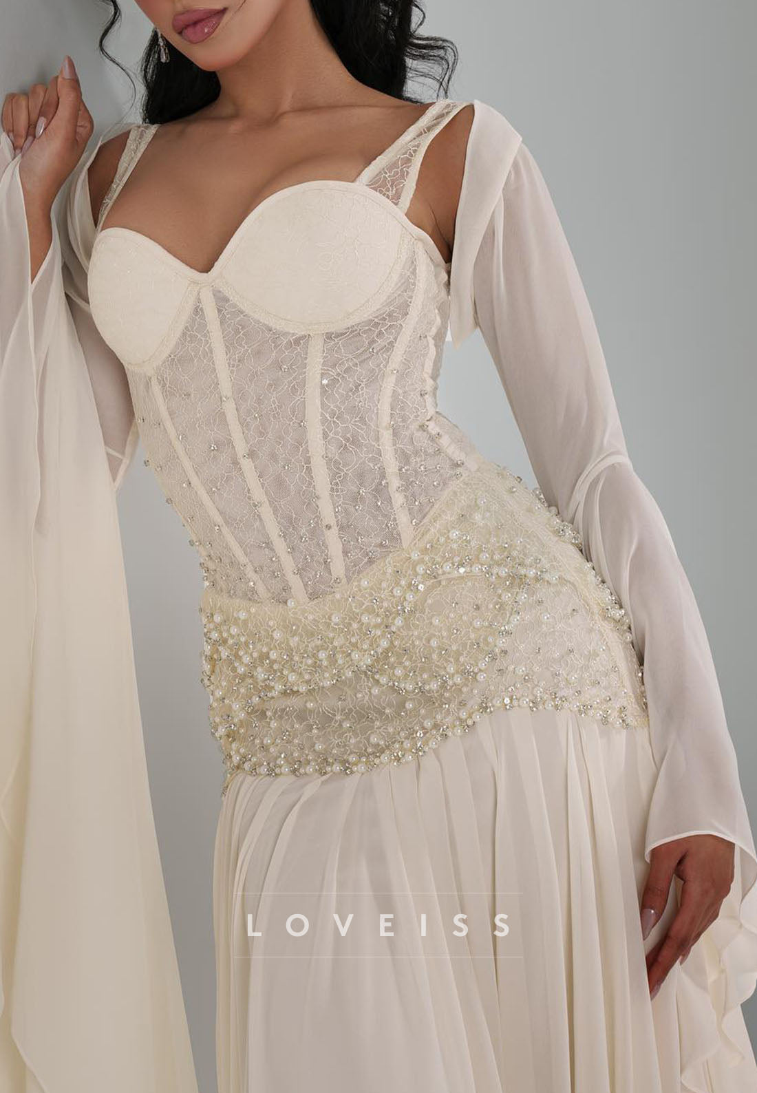 Sweetheart Long Sleeves Beaded Chiffon A-Line Evening Dress