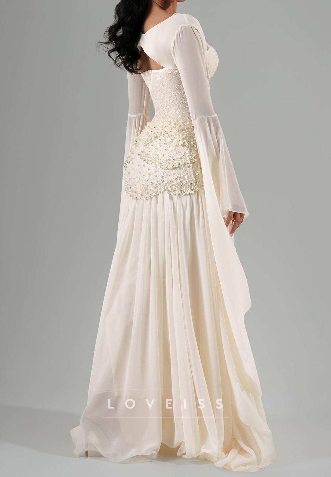 Sweetheart Long Sleeves Beaded Chiffon A-Line Evening Dress
