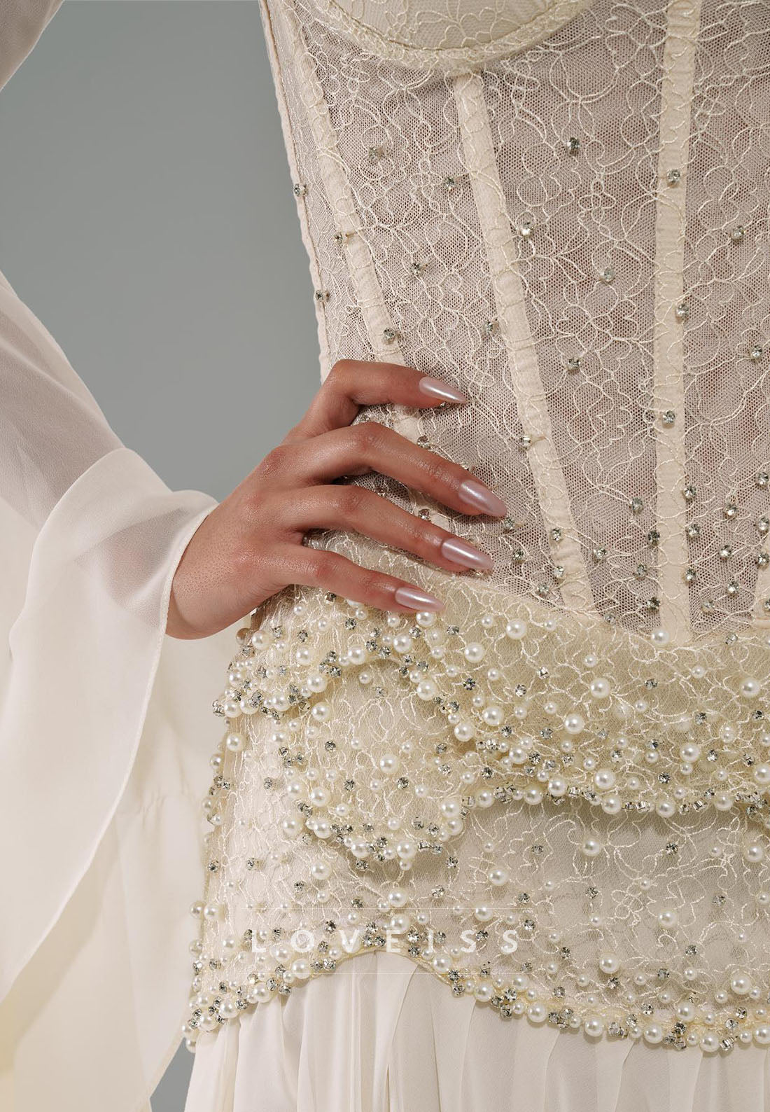 Sweetheart Long Sleeves Beaded Chiffon A-Line Evening Dress