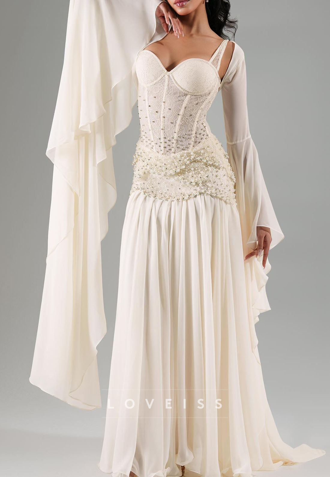 Sweetheart Long Sleeves Beaded Chiffon A-Line Evening Dress