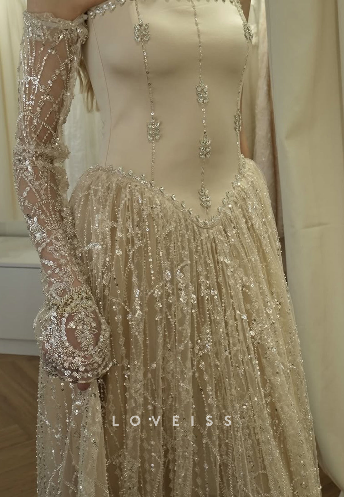 Sweetheart Long Sleeves Beaded Embroidery A-Line Prom Dress