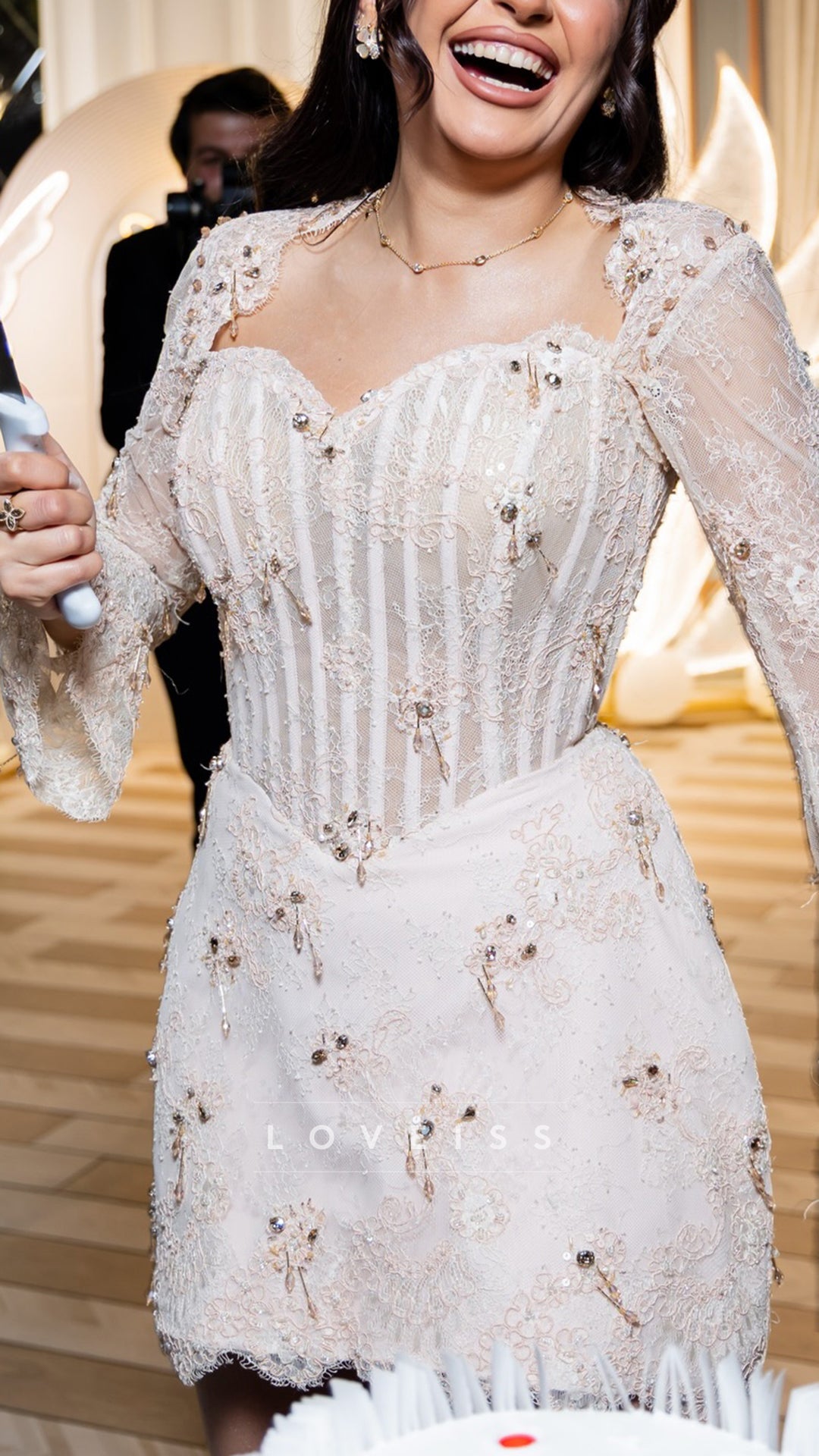 Sweetheart Long Sleeves Beaded Fringe Lace Short Wedding Dress