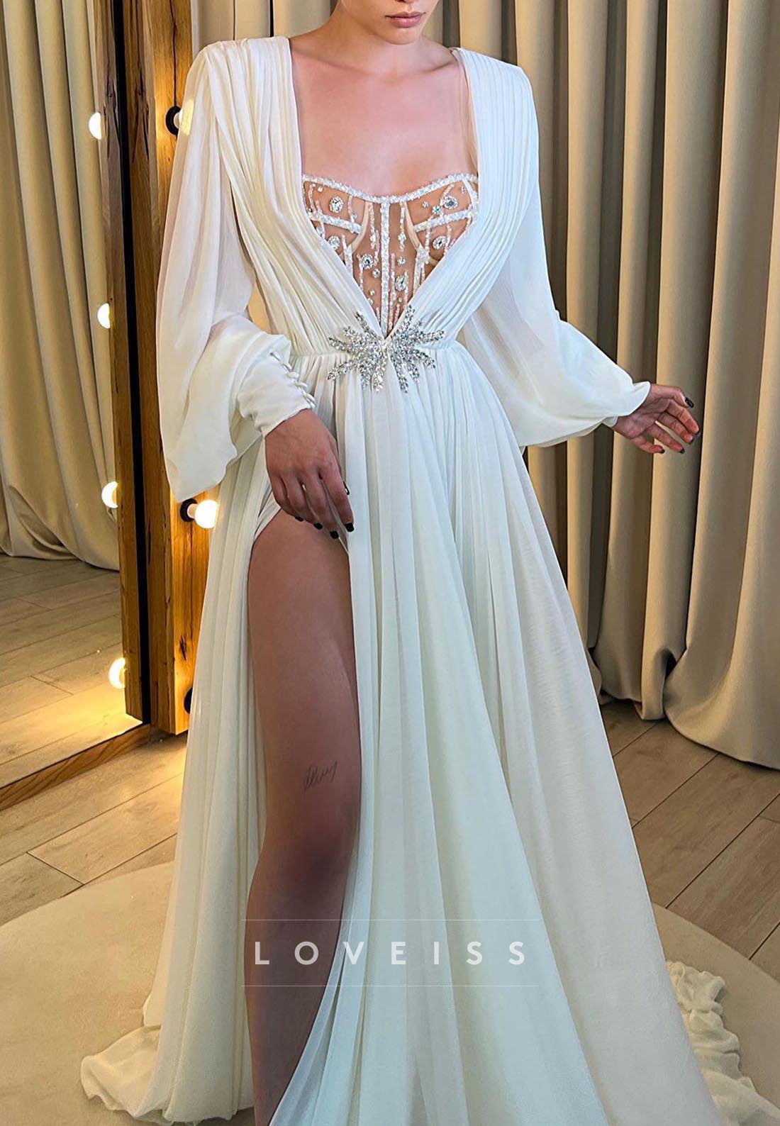 Sweetheart Long Sleeves Beaded Pleated A-Line Summer Wedding Dress
