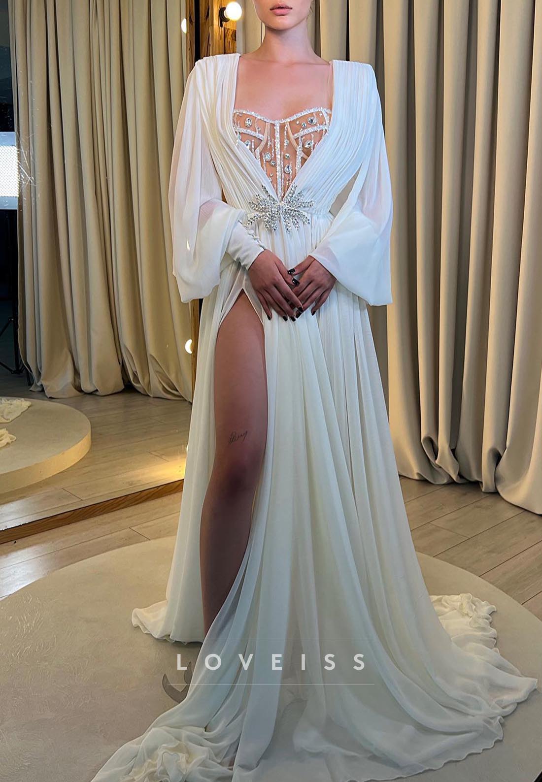 Sweetheart Long Sleeves Beaded Pleated A-Line Summer Wedding Dress