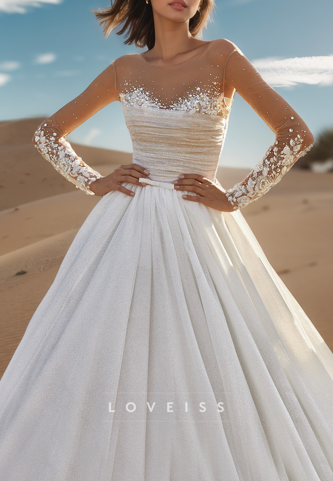 Sweetheart Long Sleeves Beaded Pleatedd Ball Gown Wedding Dress