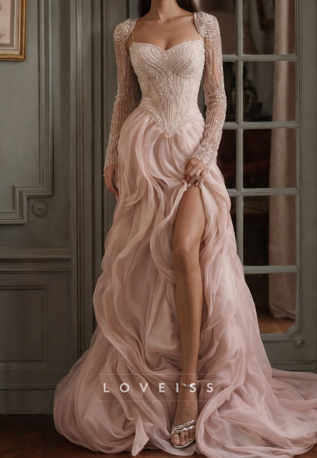 Sweetheart Long Sleeves Beaded Sparkly A-Line Prom Dress