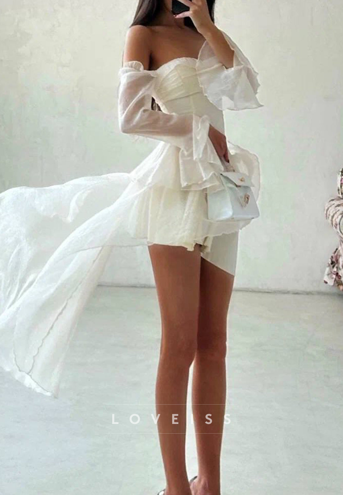 Sweetheart Long Sleeves Chiffon Tiered Ruffled A-Line Party Dress