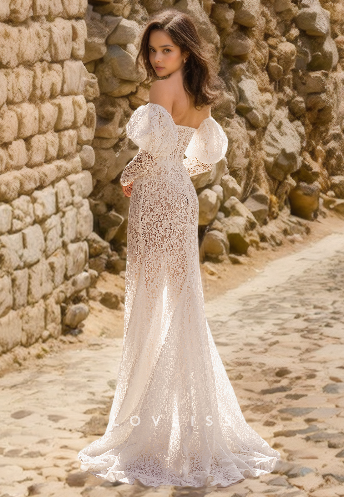 Sweetheart Long Sleeves Lace Appliques High Slit Sheath Beach Wedding Dress