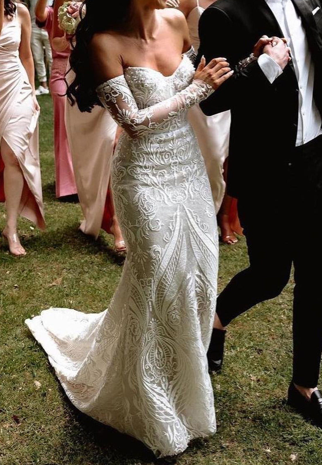 Sweetheart Long Sleeves Lace Appliques Mermaid Boho Wedding Dress