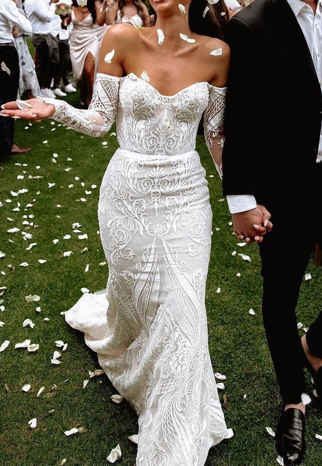 Sweetheart Long Sleeves Lace Appliques Mermaid Boho Wedding Dress