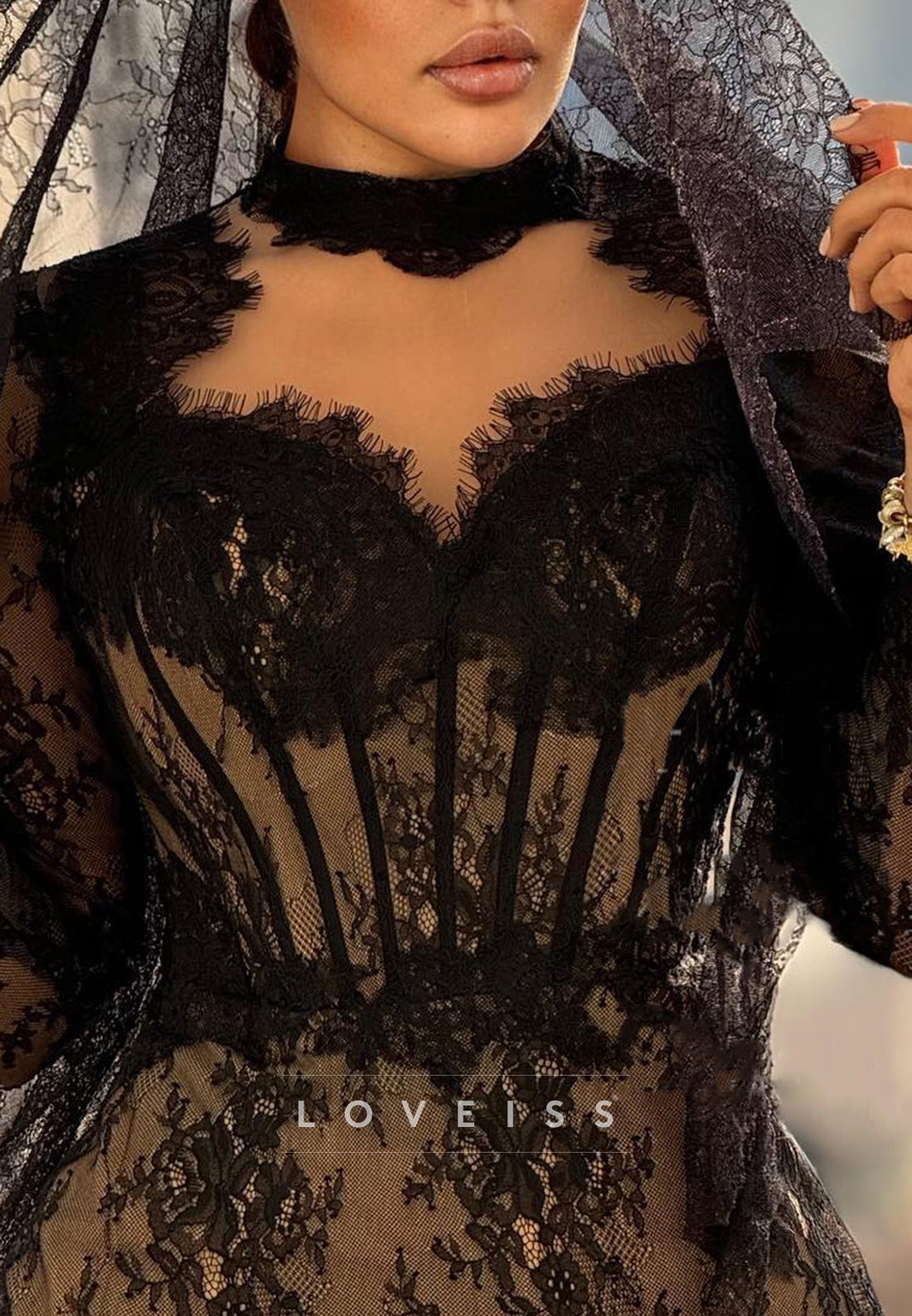 Sweetheart Long Sleeves Lace Appliques Mermaid Evening Dress