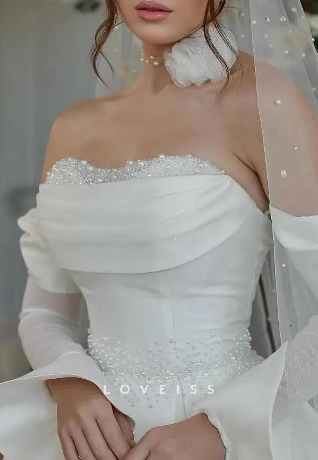 Sweetheart Long Sleeves Pearl A-Line Satin Wedding Dress