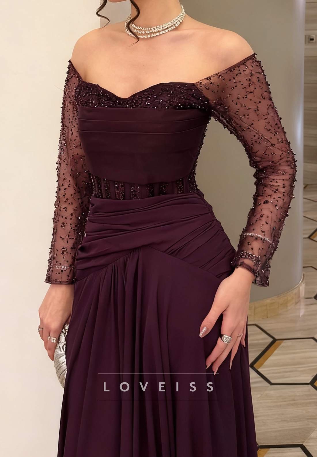 Sweetheart Long Sleeves Pleated Ruched A-Line Evening Dress