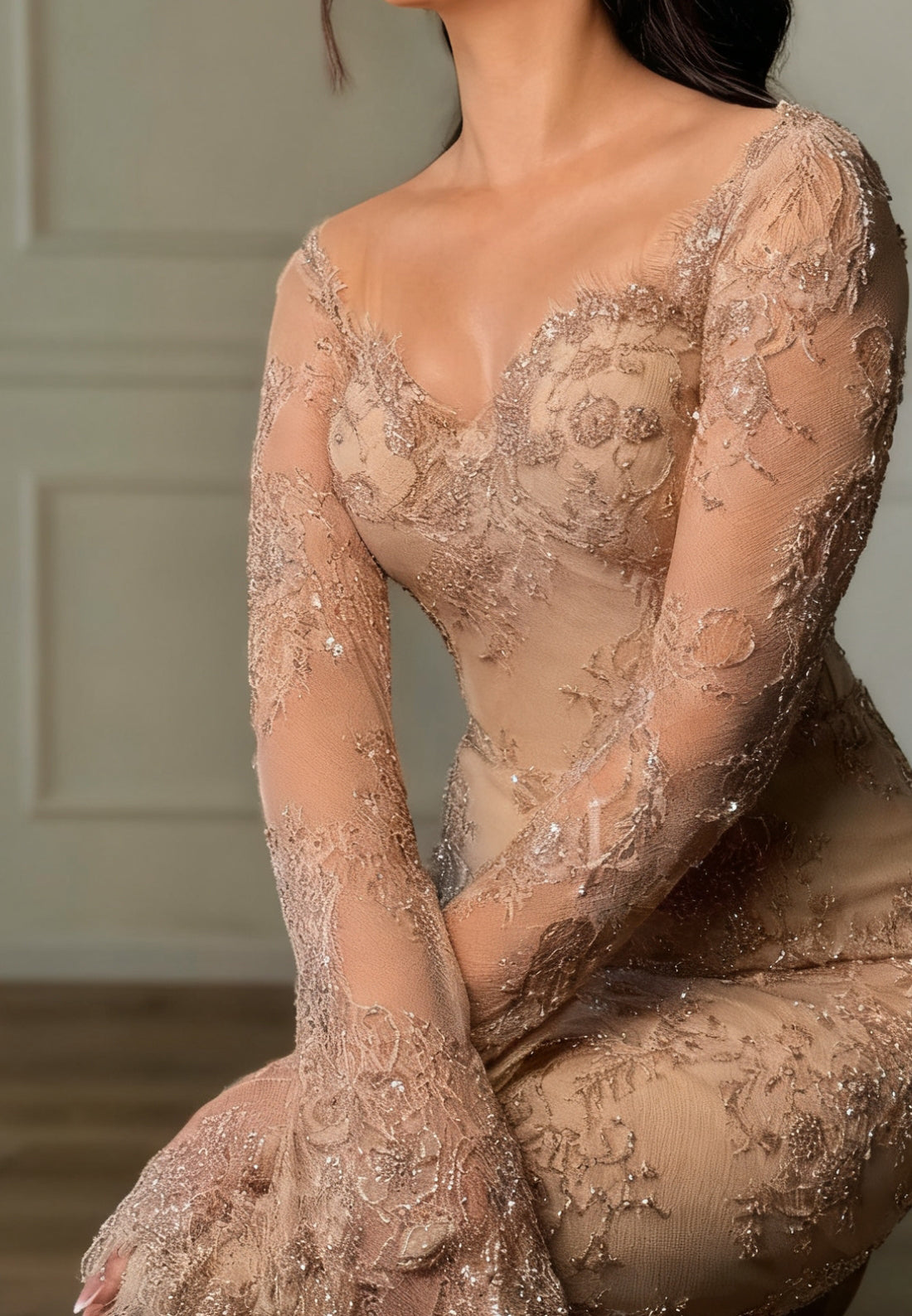 Sweetheart Long Sleeves Sequins Appliques Mermaid Evening Dress