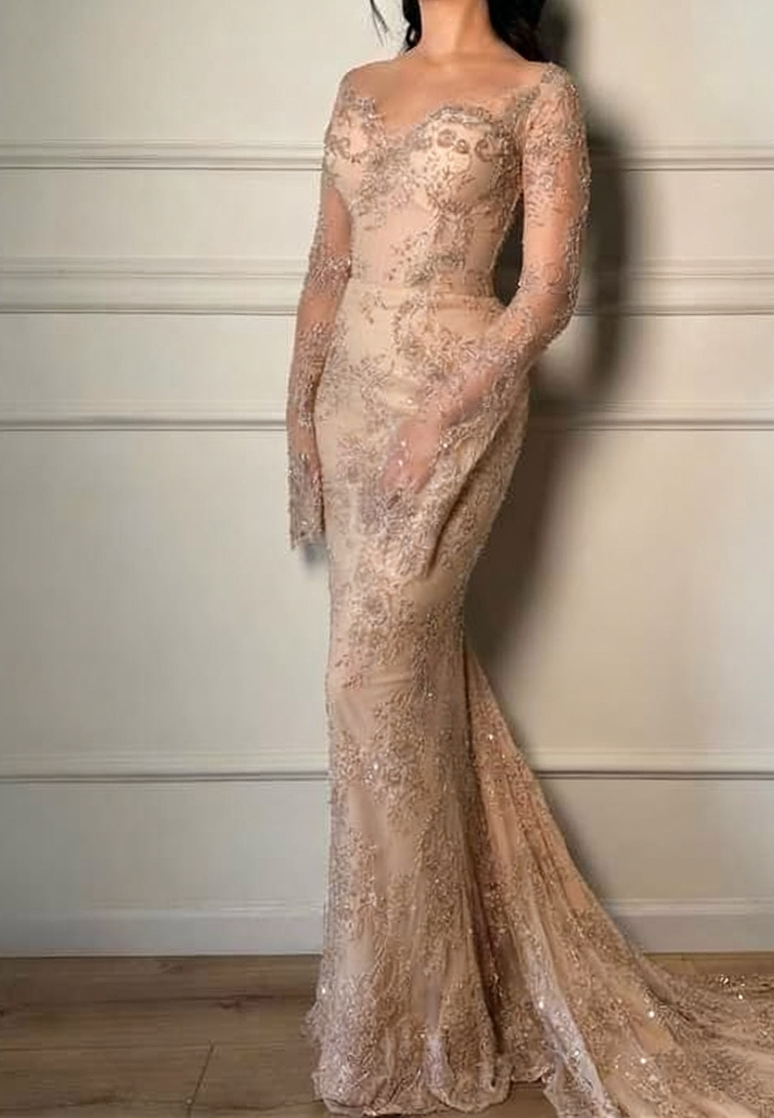 Sweetheart Long Sleeves Sequins Appliques Mermaid Evening Dress