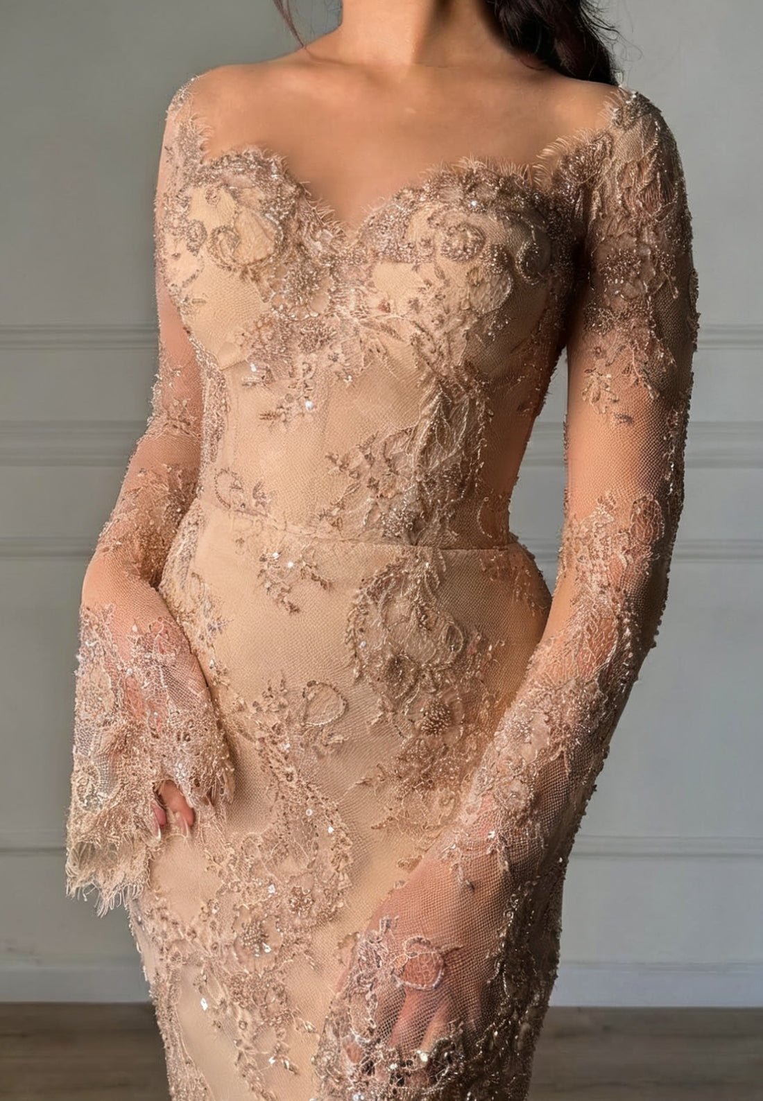 Sweetheart Long Sleeves Sequins Appliques Mermaid Evening Dress