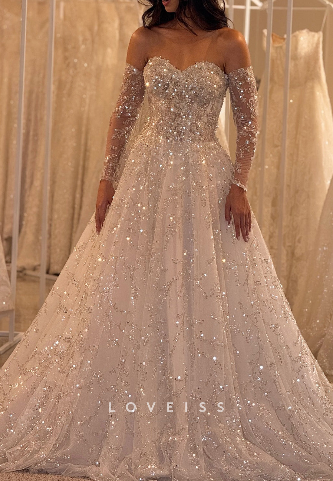 Sweetheart Long Sleeves Sequins Beaded Embroidery Sparkly A-Line Wedding Dress