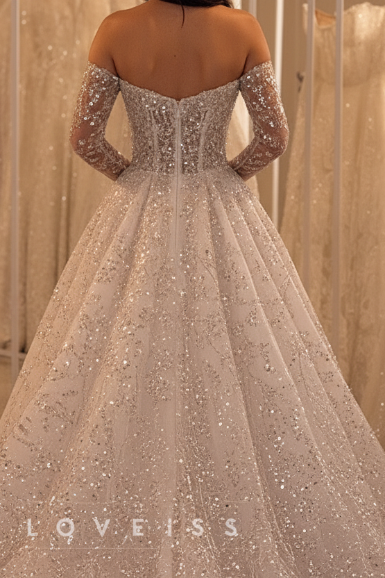 Sweetheart Long Sleeves Sequins Beaded Embroidery Sparkly A-Line Wedding Dress