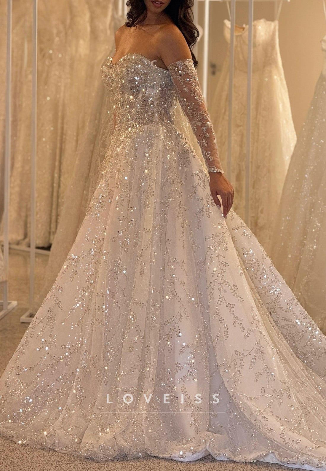 Sweetheart Long Sleeves Sequins Beaded Embroidery Sparkly A-Line Wedding Dress