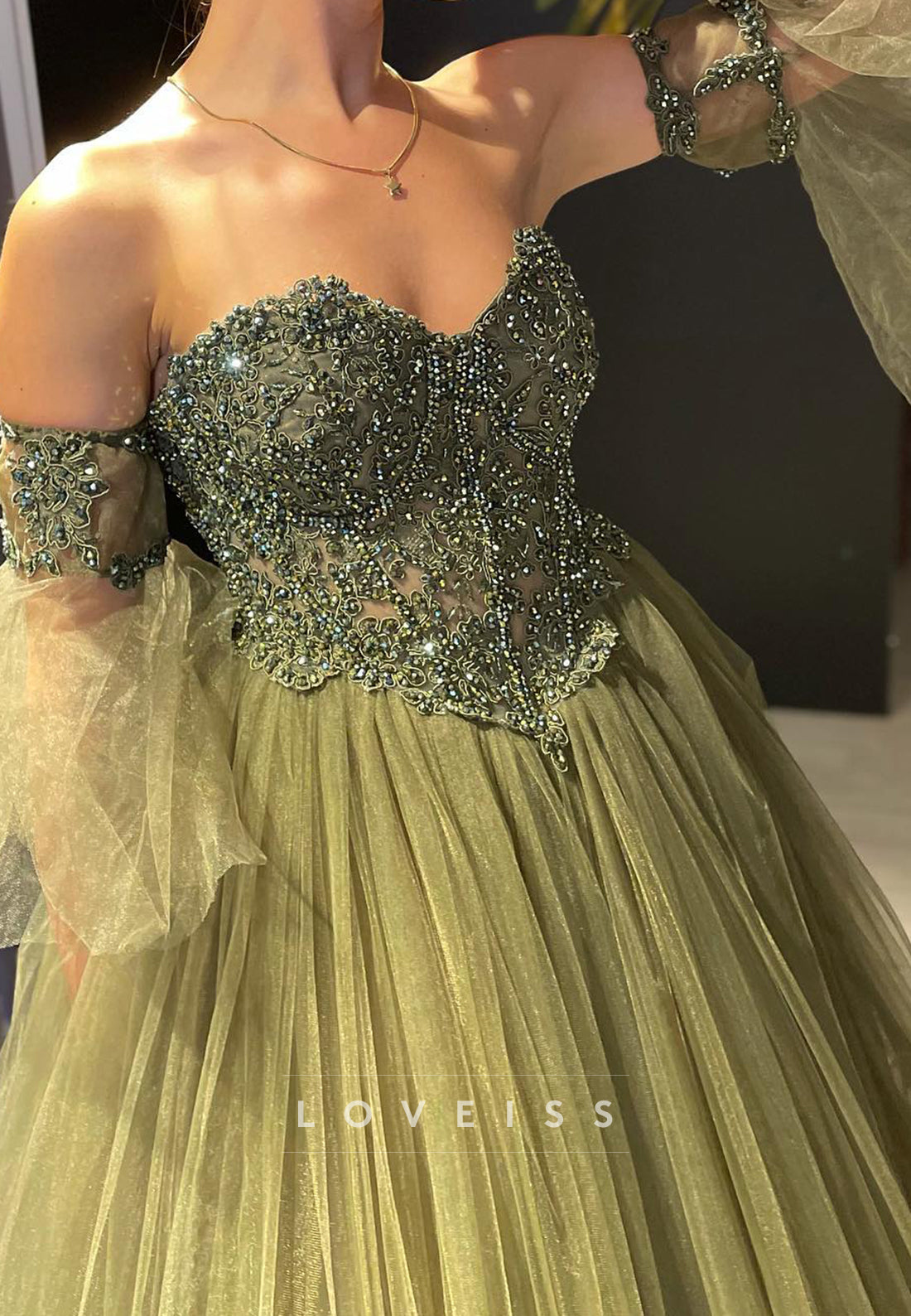 Sweetheart Long Sleeves Tulle Beaded A-Line Prom Dress