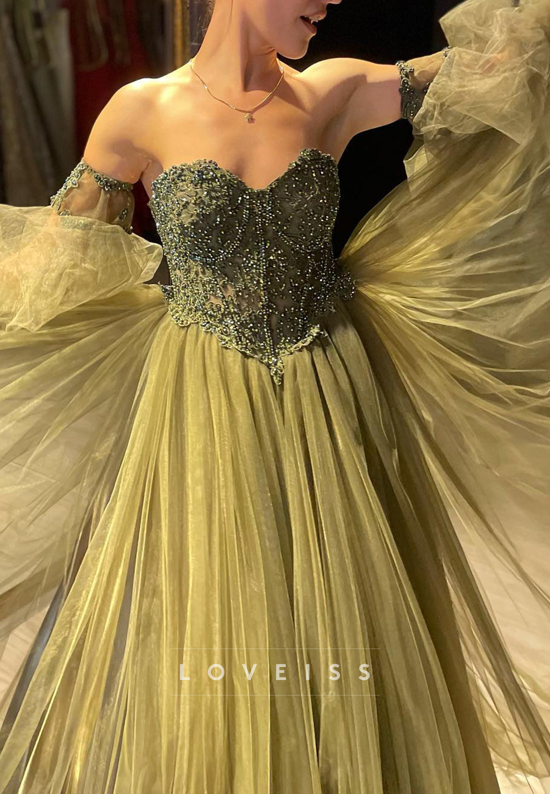 Sweetheart Long Sleeves Tulle Beaded A-Line Prom Dress