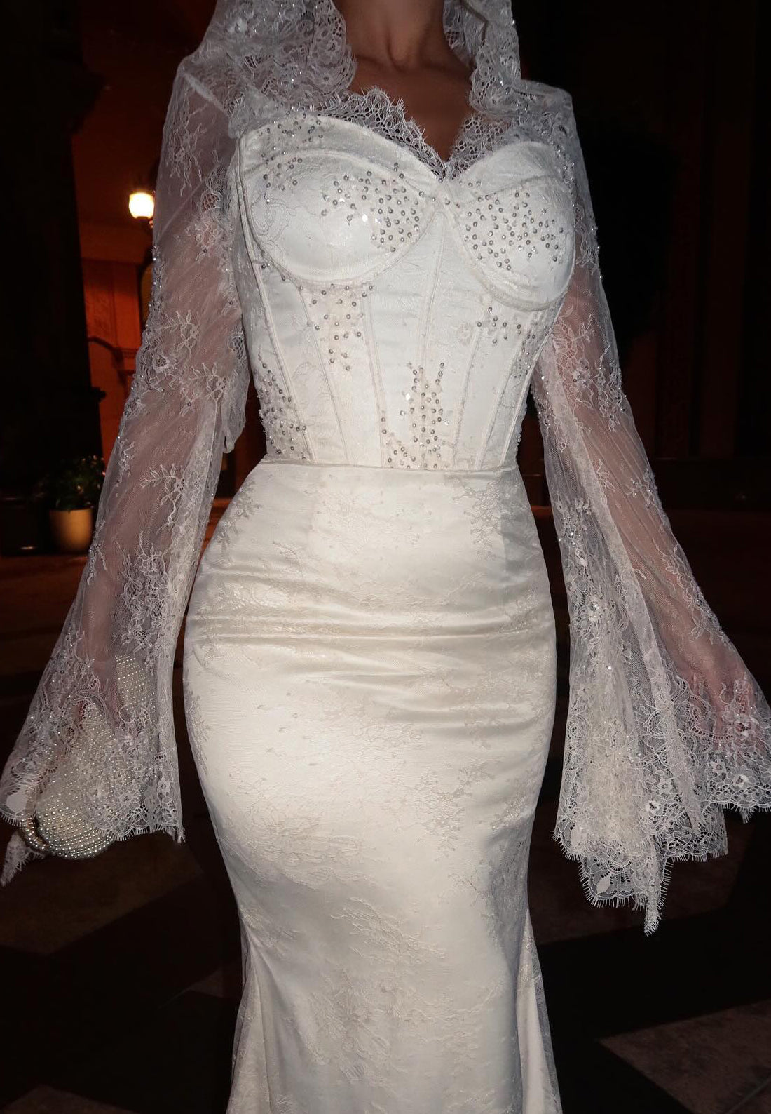 Sweetheart Long Sleevess Appliques Beaded Mermaid Evening Dress