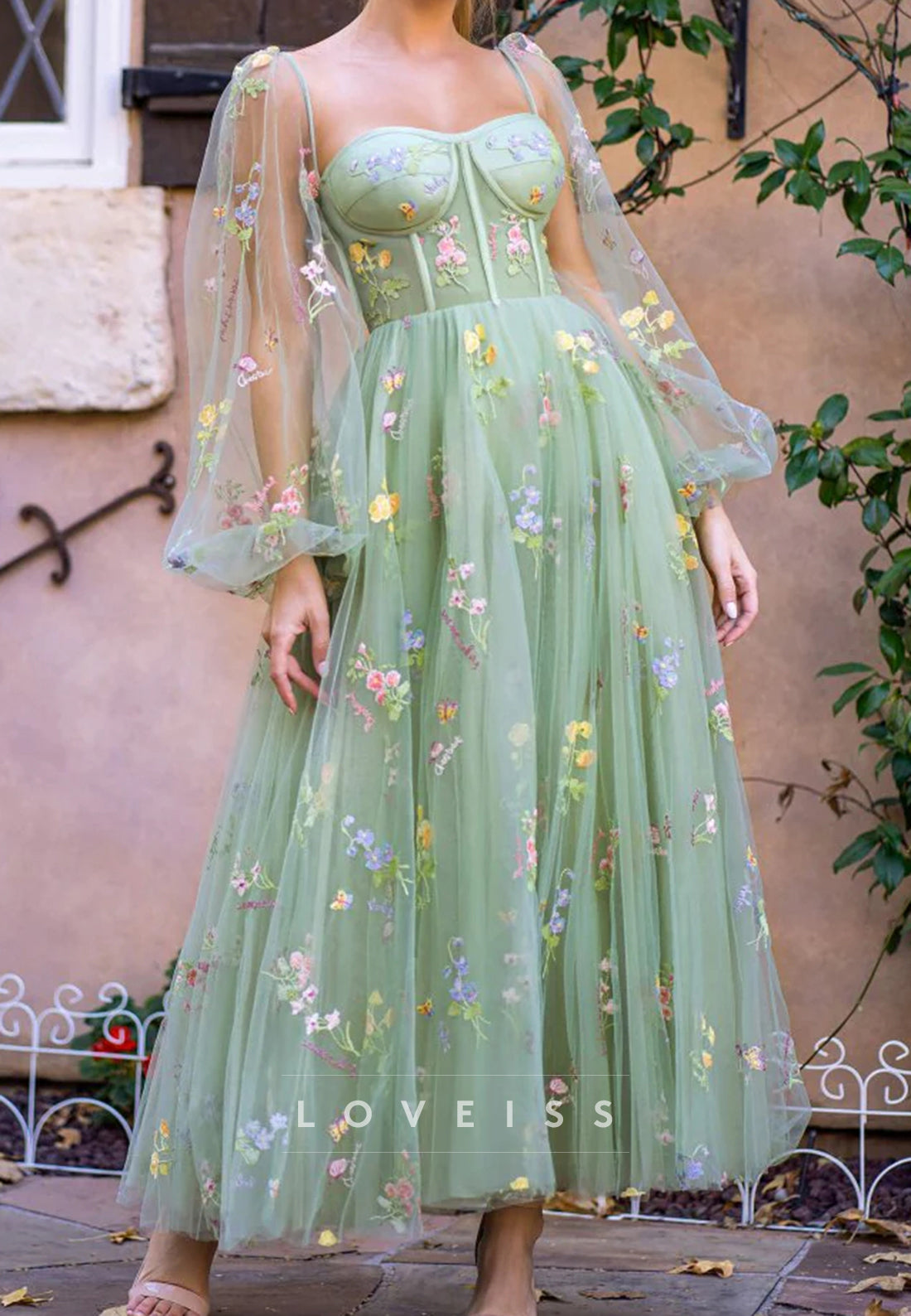 Sweetheart Long Sleevess Tulle Floral Party Dress A-Line Prom Dress
