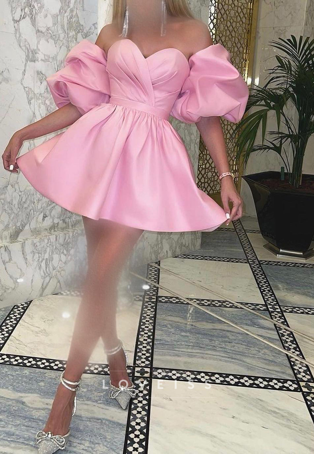 Sweetheart Puff Sleeves A-Line Pink Party Homecoming Dress