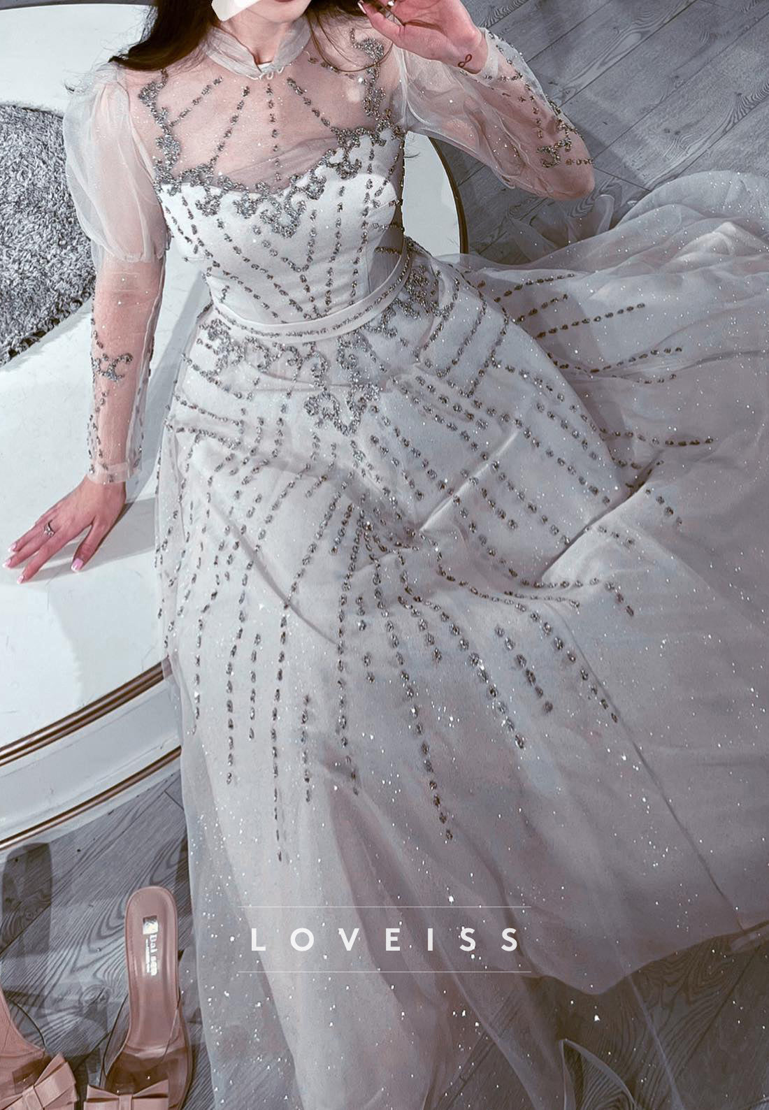 Sweetheart Puff Sleeves Beaded A-Line Midi Prom Dress