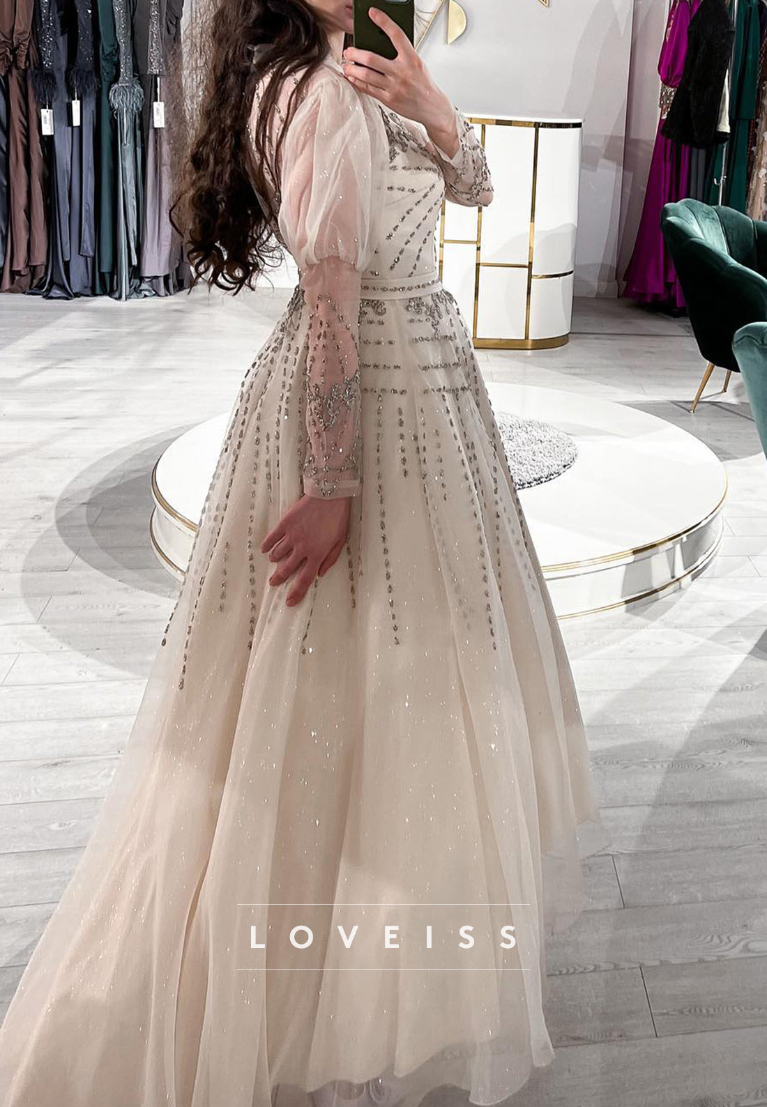 Sweetheart Puff Sleeves Beaded A-Line Midi Prom Dress