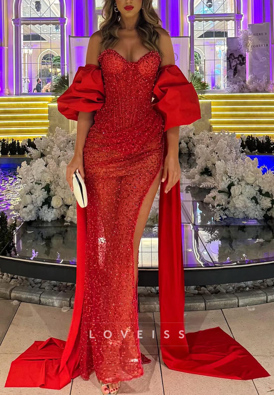 Sweetheart Puff Sleeves Beaded Embroidery Sparkly Sheath Prom Dress