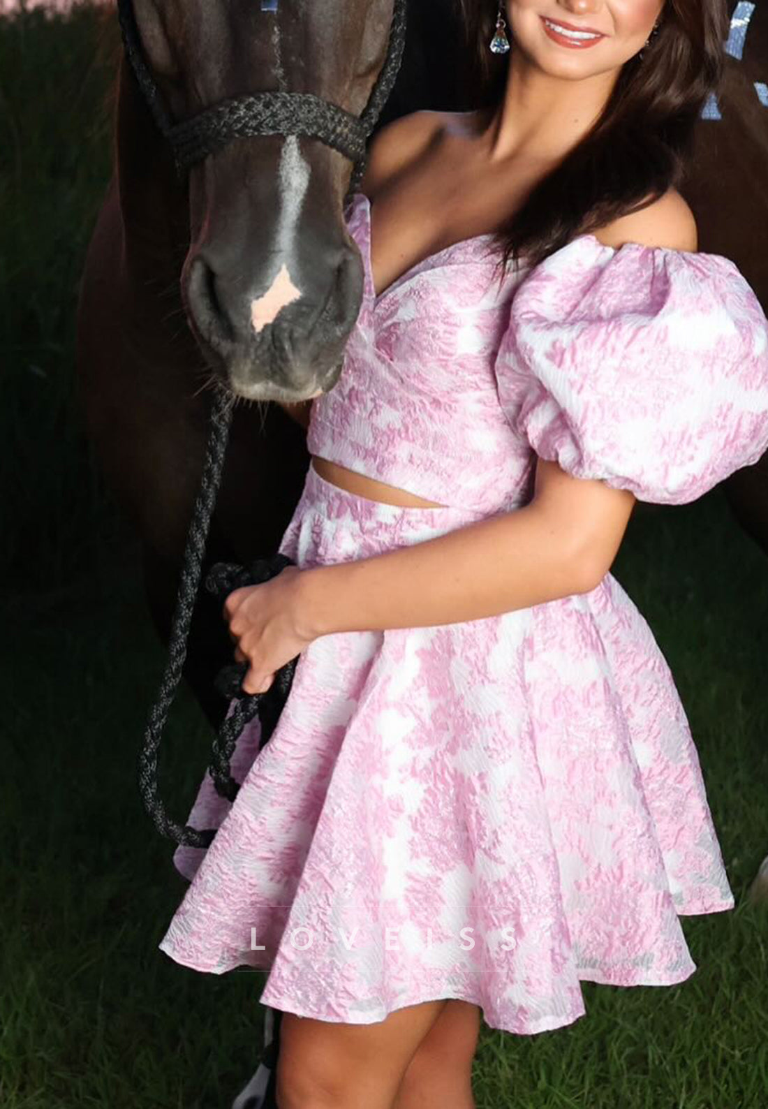 Sweetheart Puff Sleeves Floral Printed A-Line Party Homecoming Dress