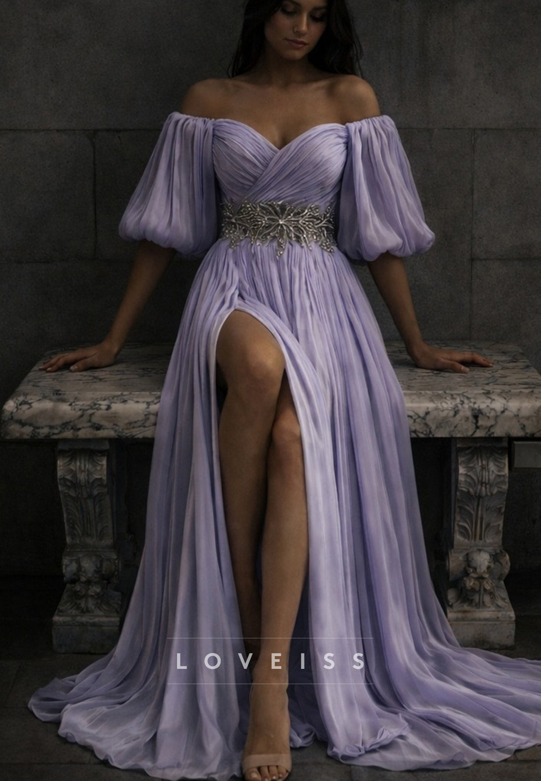 Sweetheart Puff Sleeves Pleated A-Line Prom Dress