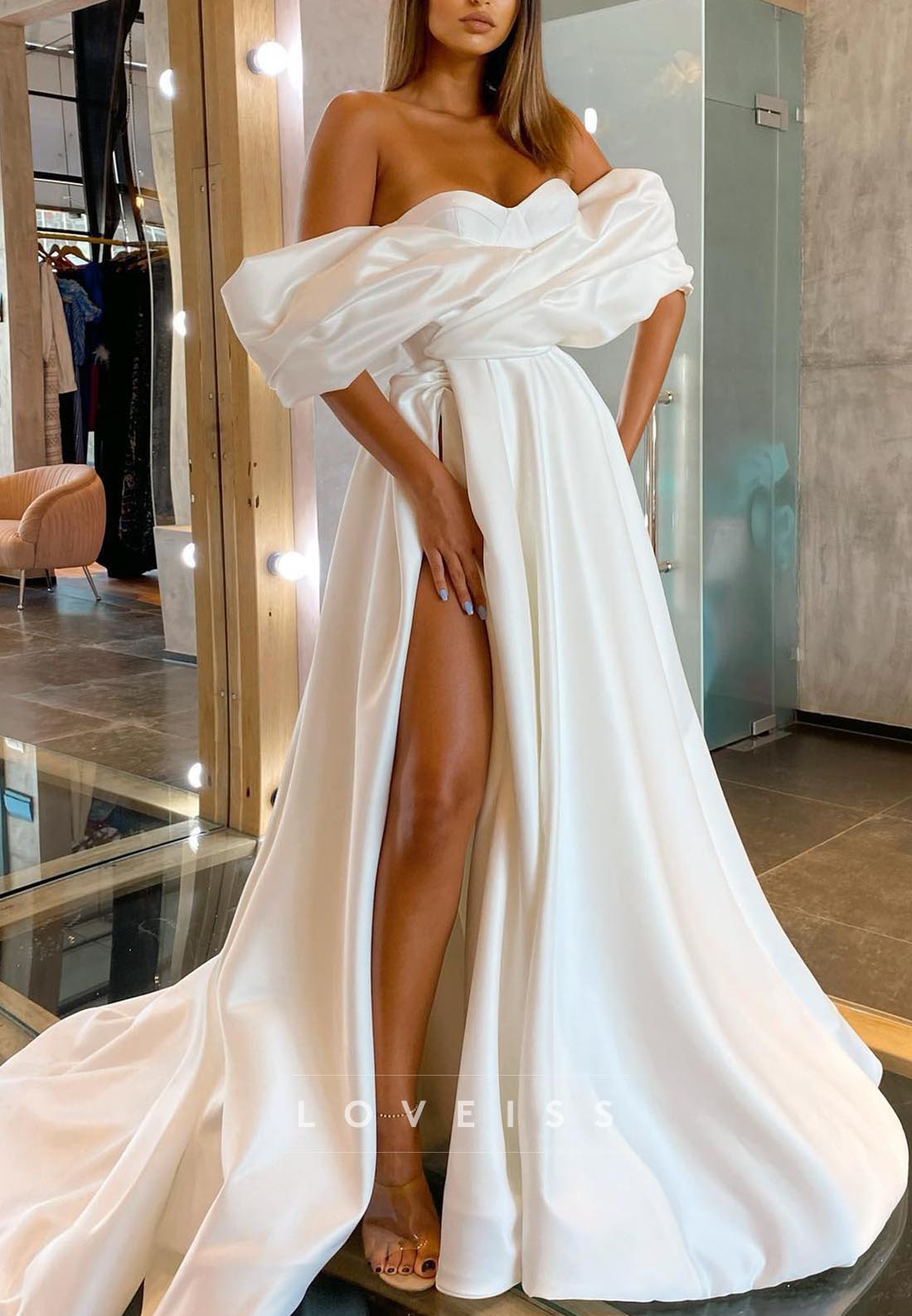 Sweetheart Puff Sleeves Pleated A-Line Wedding Dress