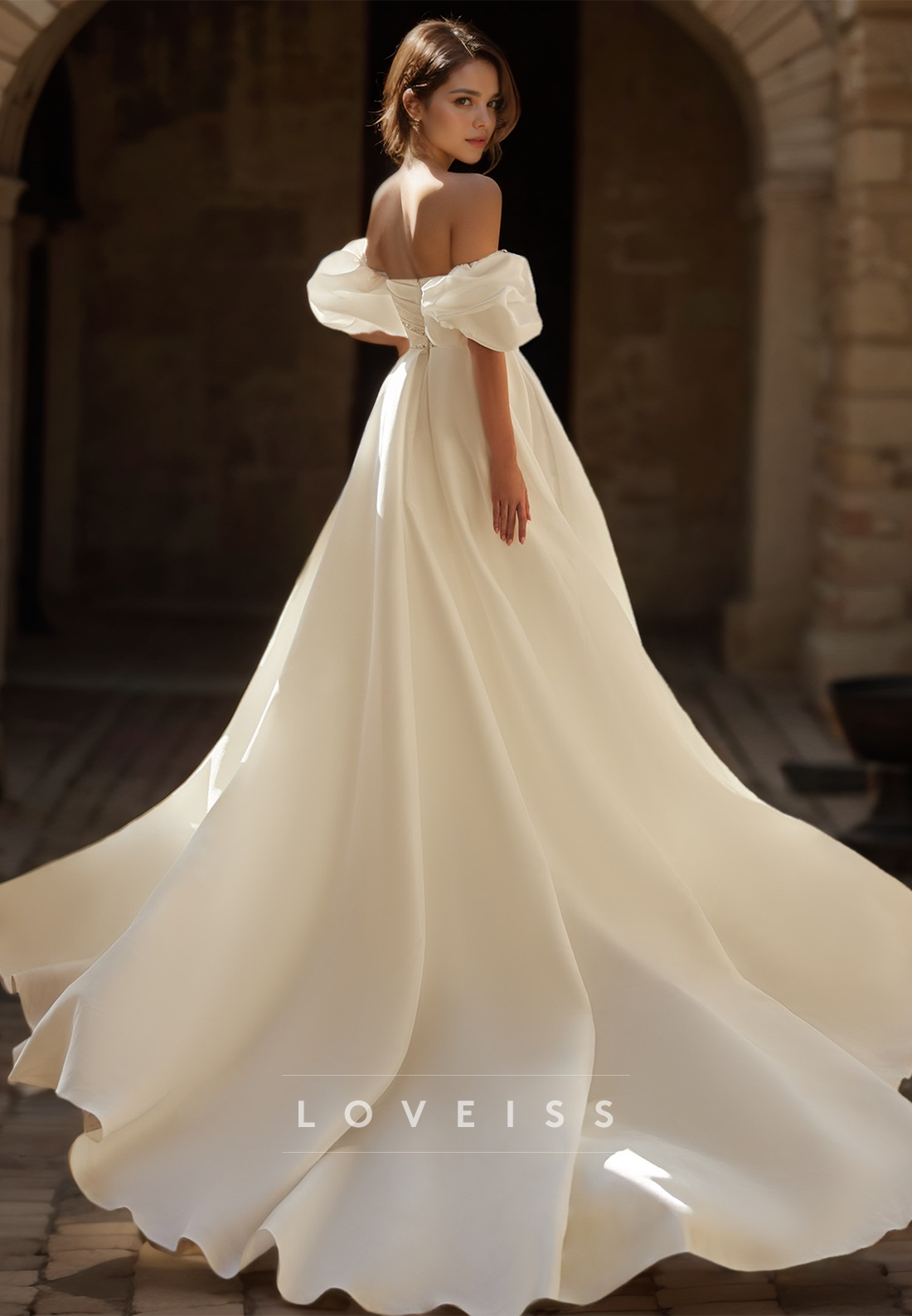 Sweetheart Puff Sleeves Sleek Pleated A-Line Satin Simple Wedding Dress