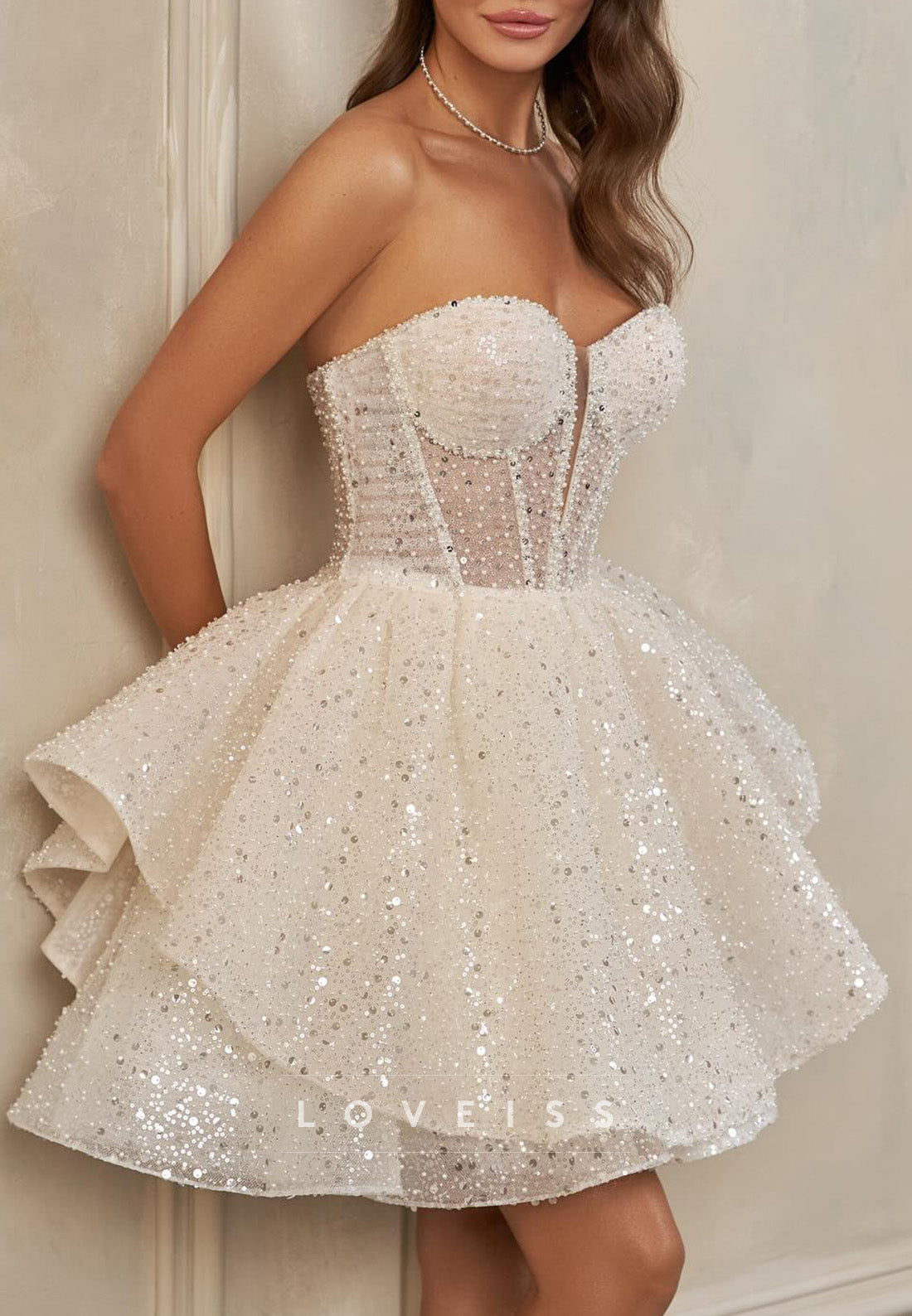 Sweetheart Puff Sleeves Tiered Sparkly Short A-Line Beach Wedding Dress