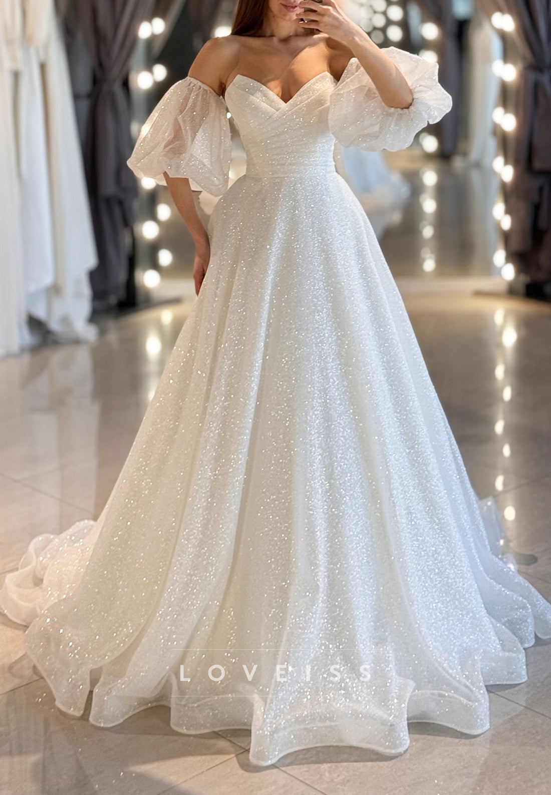 Sweetheart Puff Sleeves Tulle A-Line Wedding Dress
