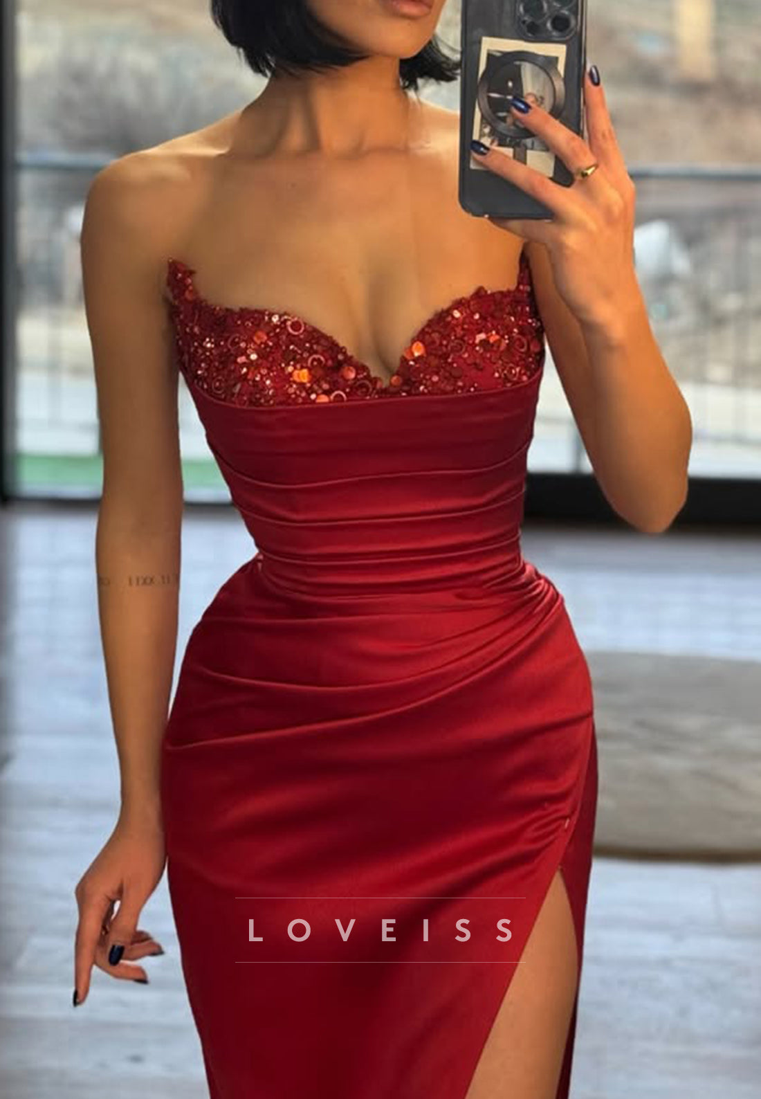 Sweetheart Sequins Pleated Side Slit Party Dress Sheath Formal Dress