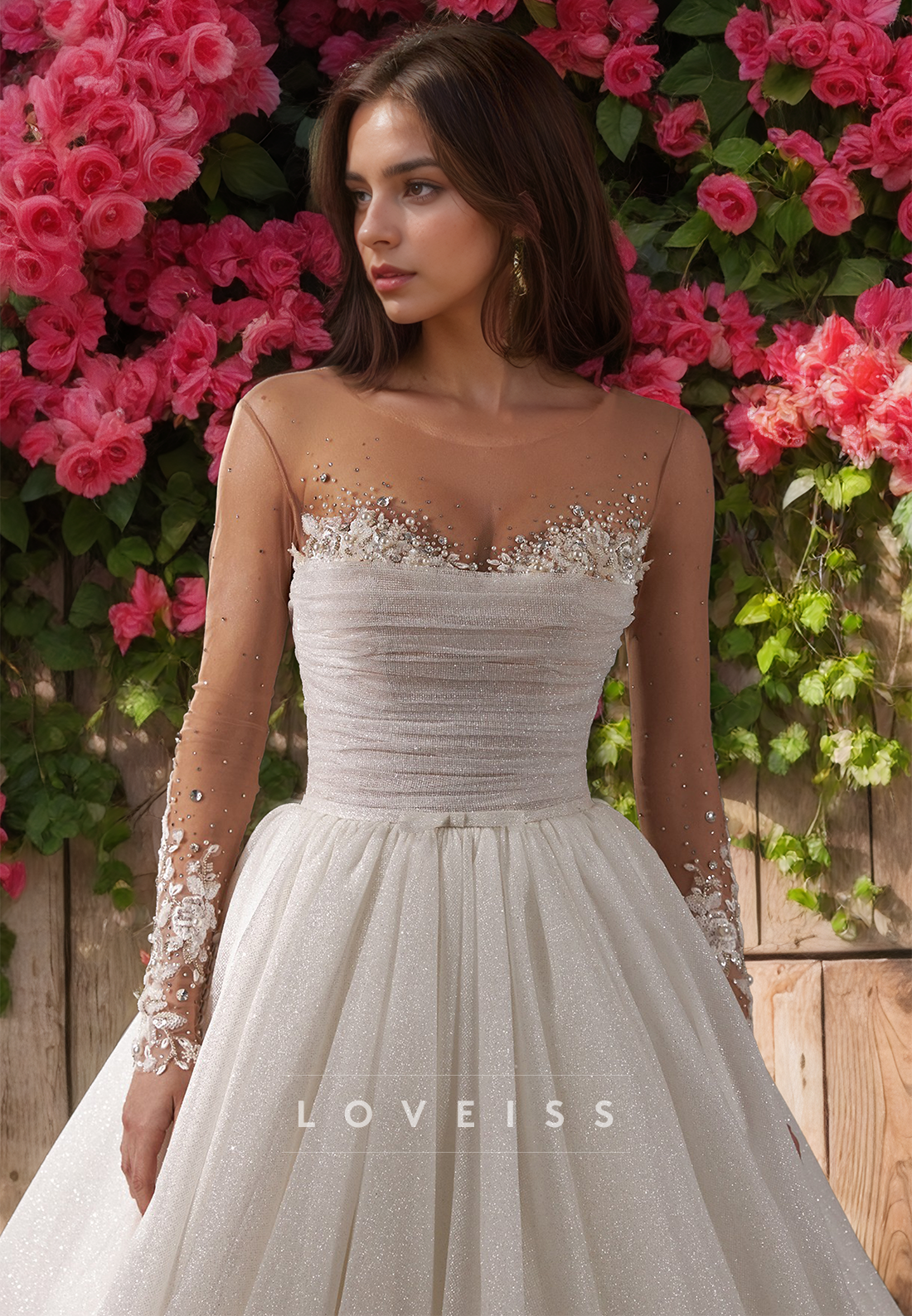 Sweetheart Sheer Long Sleeves Appliqus Pleated Ball Gown Wedding Dress