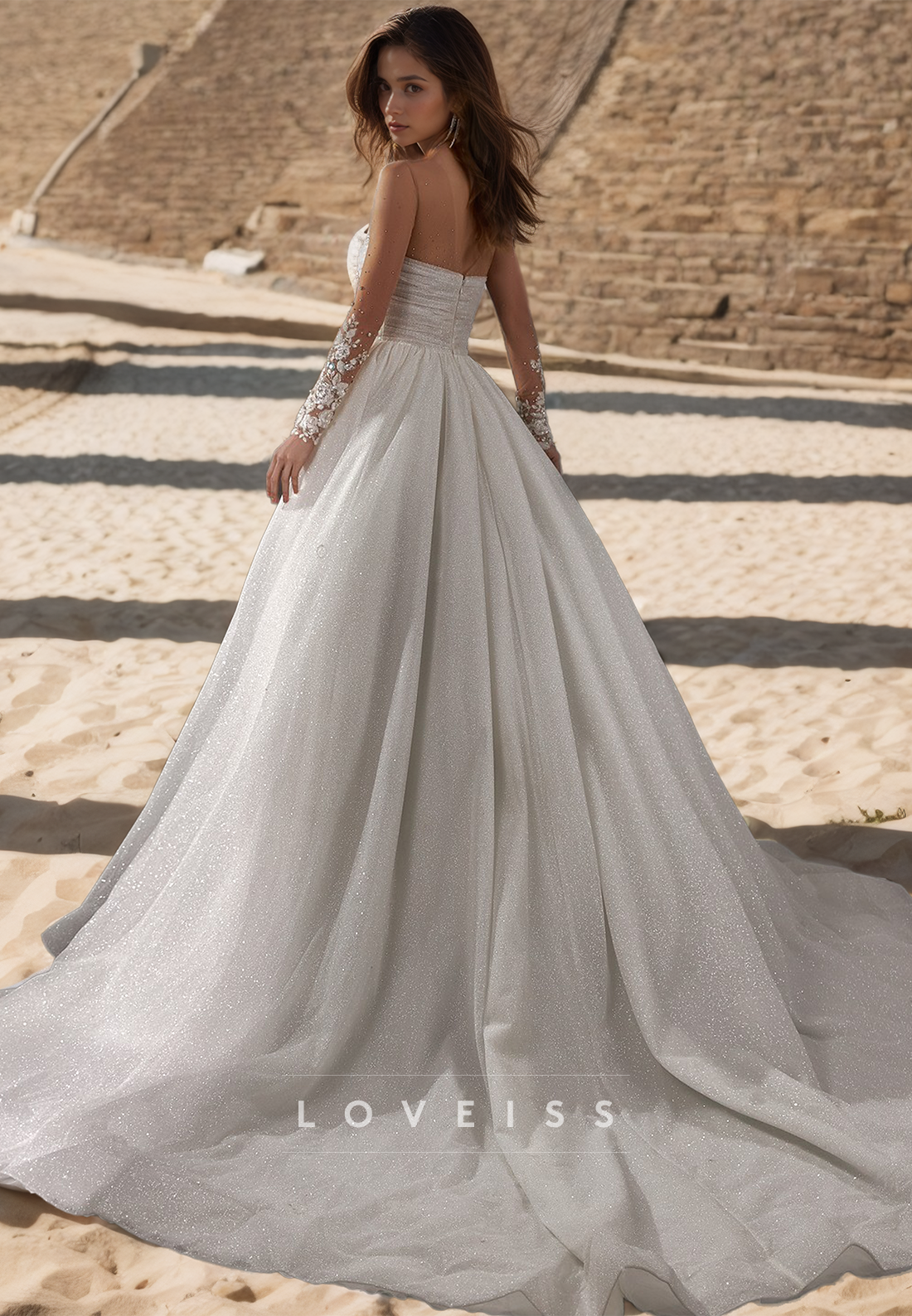 Sweetheart Sheer Long Sleeves Appliqus Pleated Ball Gown Wedding Dress