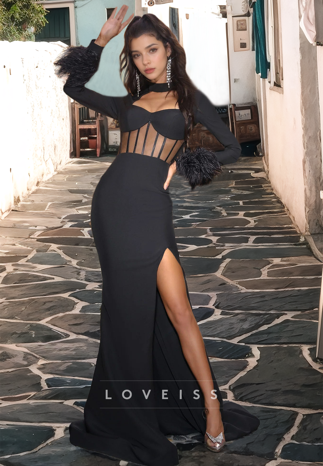 Sweetheart Sheer Side Slit Long Sleeves Sheath Party Dress