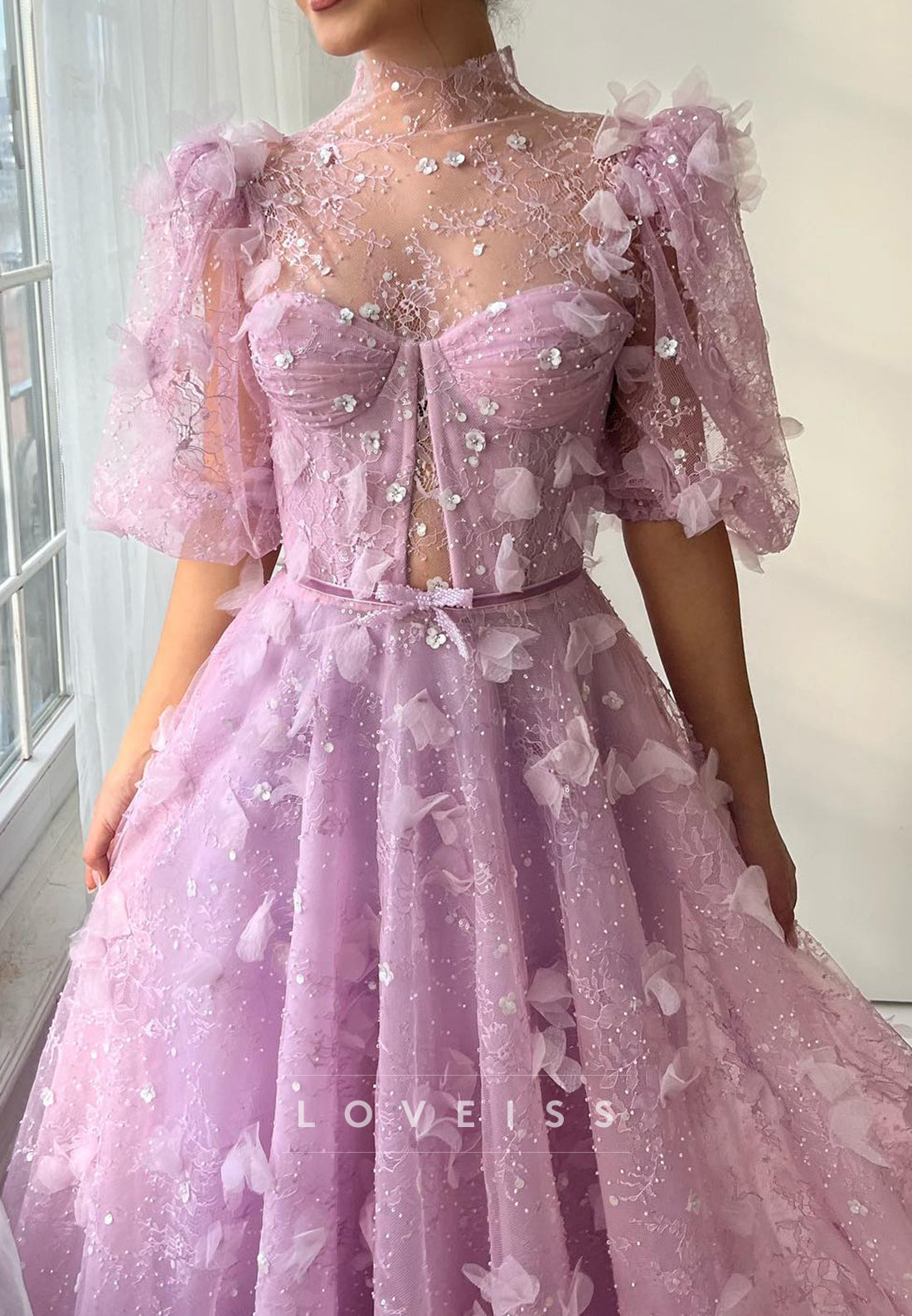 Sweetheart Short Sleeves Floral Embellished A-Line Prom Dress