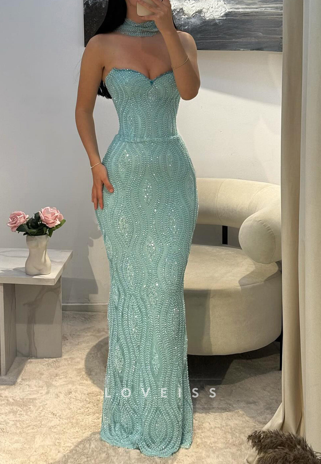 Sweetheart Sleeveless Beaded Embroidery wiith Scarf Mermaid Prom Dress