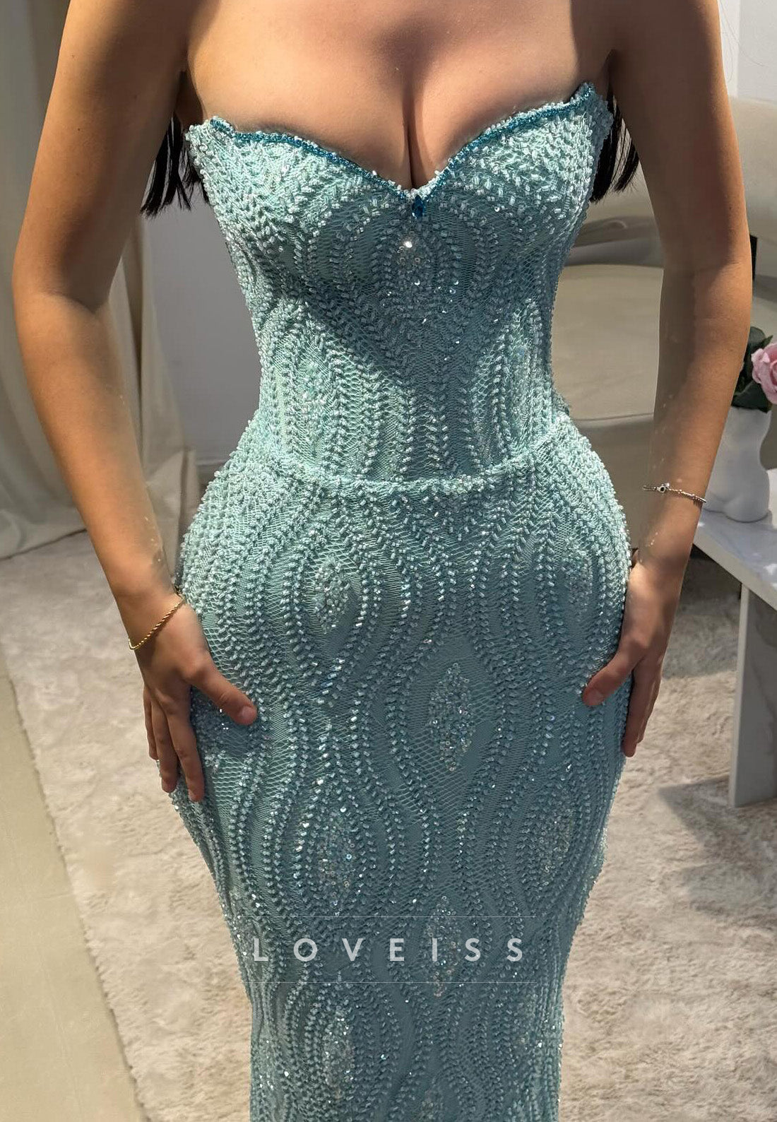 Sweetheart Sleeveless Beaded Embroidery wiith Scarf Mermaid Prom Dress